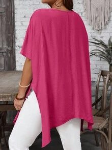 EMERY ROSE Plus Size Women's Solid Color Asymmetrical Long Shirt, Summer - Hot Pink - View 2