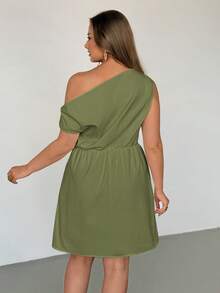 Auralis Plus Size Women's Solid Color Asymmetrical Shoulder Casual Dress Festival Outfits For Women One Sided Chic Dresses Cocktail - Army Green - View 3