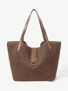 女士手提包，草编包，大容量，时尚，优雅，简约，个性化，百搭，适合日常、购物、海滩、度假、假日、夏季、海边、沙滩派对等场合 - 咖啡 - 查看 1
