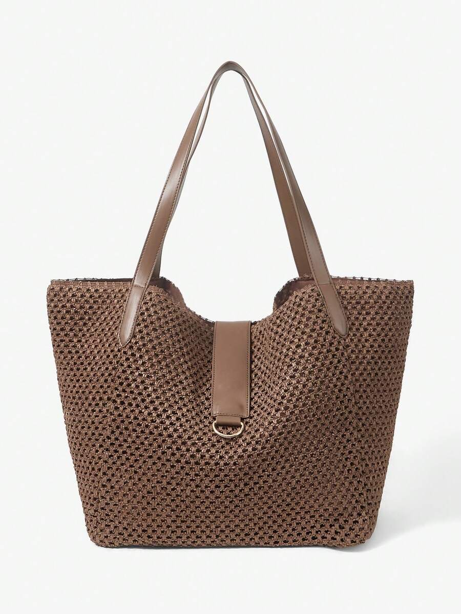 女士手提包，草编包，大容量，时尚，优雅，简约，个性化，百搭，适合日常、购物、海滩、度假、假日、夏季、海边、沙滩派对等场合 - 咖啡 - 查看 1
