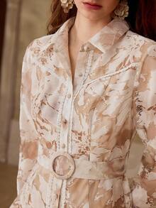 MOTF PREMIUM SPRING/SUMMER WOMEN'S FRENCH STYLE FASHION SHIRT COLLAR LONG SLEEVE LACE TRIM PRINTED RUFFLE HEM WAIST CINCHED A-LINE RUFFLE HEM FLORAL PRINT DRESS - Khaki - View 2