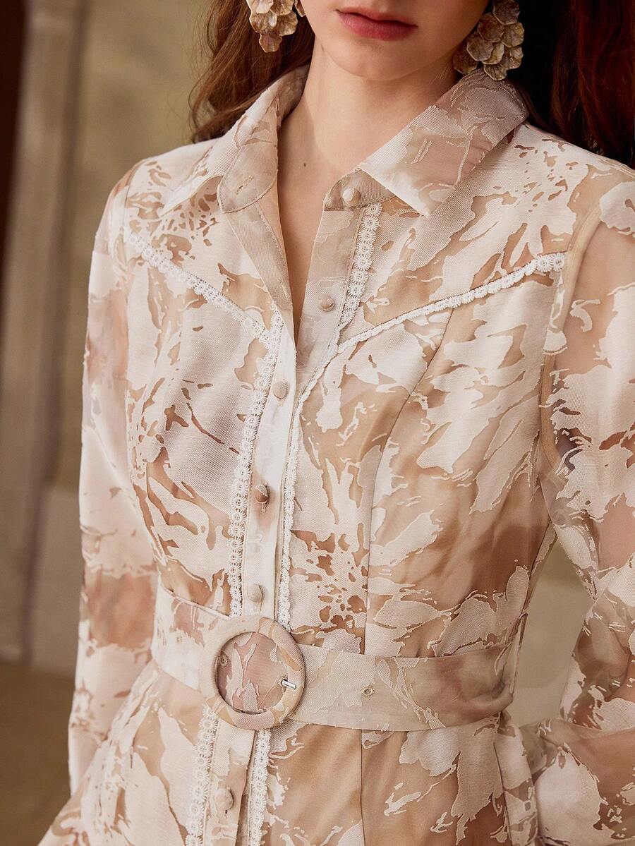 MOTF PREMIUM SPRING/SUMMER WOMEN'S FRENCH STYLE FASHION SHIRT COLLAR LONG SLEEVE LACE TRIM PRINTED RUFFLE HEM WAIST CINCHED A-LINE RUFFLE HEM FLORAL PRINT DRESS - Khaki - View 2