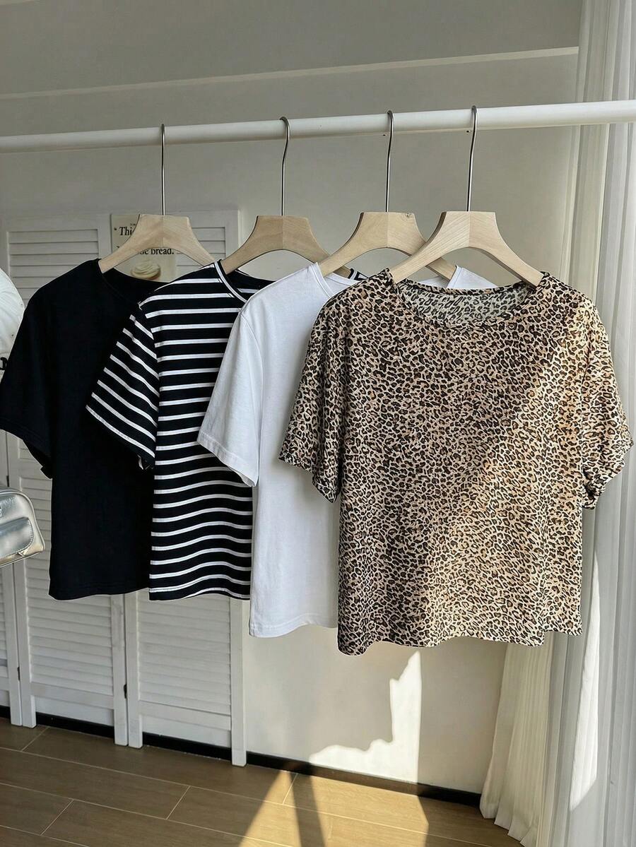 Comfortcana 4pcs/Set Plus Size Casual Solid Leopard Striped T-Shirts Spring/Summer Gym Brown - Multicolor - View 1
