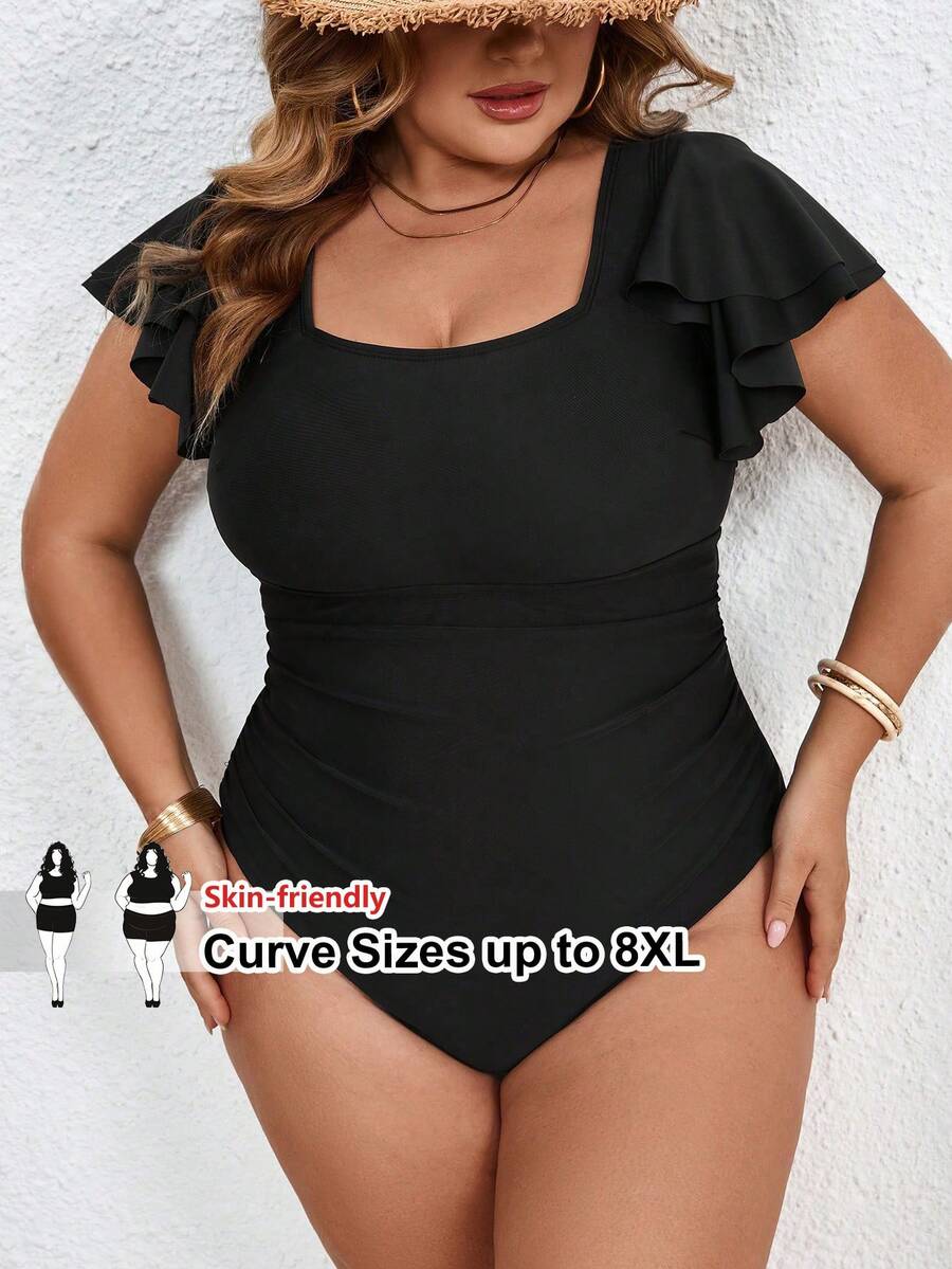 SHEIN CURVE+ Plus Size Exaggerated Ruffle Puff Sleeve One-Piece Swimsuit For Vacation For Summer, Vacation Outfits Woman,Beach Outfits For Woman,Plus Size Swim Suit,1 Piece Sets Woman,Bathing Suits,Slimming Swimsuit - Black - View 1