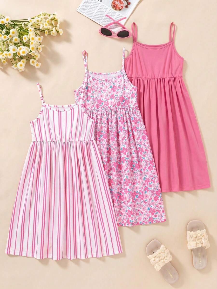 SHEIN Sparklyn 三件套女童无袖连衣裙套装,弹力豹纹条纹连衣裙,适合夏季度假和派对穿着,休闲拼接豹纹印花吊带背心,弹性适中。 - 彩色 - 查看 1
