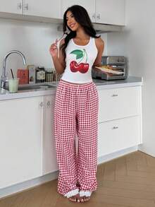 ZzzCrew 女士吊带背心和长裤睡衣套装，樱桃印花和格子图案，荷叶边下摆，两件套 - 彩色 - 查看 4