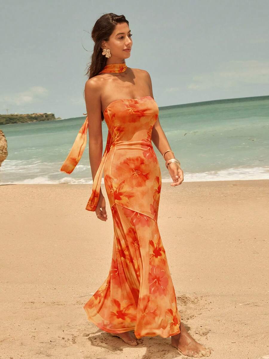 NOVVYNE Women's Elegant Boho Orange Floral Print Maxi Dress,Summer Casual Vacation Holiday Beach Outfits,Tropical Burnt Orange Floral Dress For Women