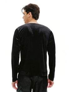 DSELFIQUE 男士深V领长袖时尚天鹅绒植绒T恤亮片上衣男士水钻衬衫长袖男士闪亮衬衫圣诞节 - 黑色 - 查看 3