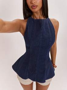 SHEIN BAE Elegant & Fashionable Indigo Denim V-Neck Ruffle Sleeveless Denim Top, Suitable For Casual, Daily Wear, Commute, Hangout With Friends And More Occasions In Spring/Summer - Medium Wash - View 7