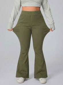 Flexra Plus Size Women's Solid Color Pocket Elastic Waist Casual Flare Jeans, Minimalist Everyday Wear - Green - View 3