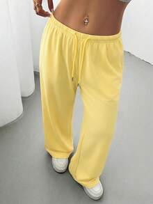 CovetEZ 女士夏季休闲宽松前系带运动裤，适合日常穿着、毕业季、返校季、毕业典礼、女教师服装 - 鵝黃色 - 查看 5
