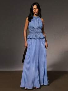 Athîral Damblus med volang och halterneck i denim - Mediumtvätt - Visa 5