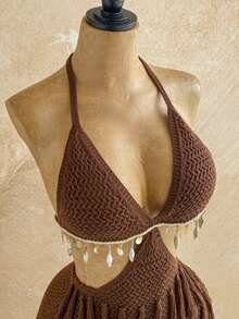 Soleia 女士度假休闲连衣裙，性感复古镂空多层流苏下摆迷你针织连衣裙，适合海滩、邮轮、公路旅行、假日、约会、下午茶、度假、野餐、音乐节、波西米亚风、海滩、夏季、复古度假、音乐节、通勤等场合。 - 咖啡棕 - 查看 3