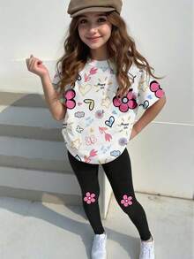 SHEIN 2pcs/Set Girls' Casual Chic Bowknot Leopard Print Pattern T-Shirt And Leggings Outfit, Comfortable Daily Wear For Spring, Summer And Autumn - Multicolor - View 3