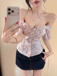 Joudiya Áo sơ mi nữ tay ngắn họa tiết hoa nhí, viền bèo nhún, phong cách boho. - Màu Hồng baby - Xem 6