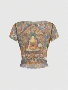 ROMWE Avant 性感透视敦煌女神壁画灵感短袖T恤（女款） - 彩色 - 查看 1