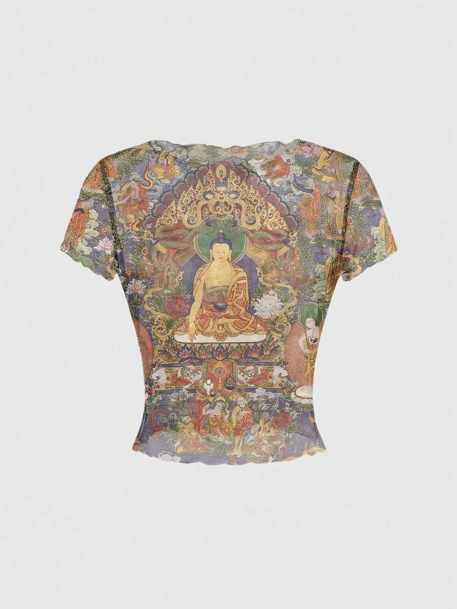 ROMWE Avant 性感透视敦煌女神壁画灵感短袖T恤(女款) - 彩色 - 查看 1