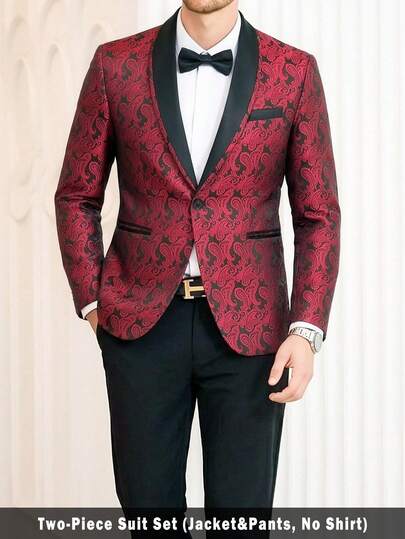 Manfinity Mode Men's Full Print Single-Breasted Long Sleeve Jacket And Pants Casual Suit Set,Men Old Money,Daily Leisure, Weekend Trips, Outdoor Activities, Travel Expeditions, Relaxed Work Environments Or Semi-Formal Occasions, Boyfriend/Husband Gift, Anniversary /Birthday Gift Party Summer Vacation Holiday,Wedding,Spring To Summer,Easter,Y2k,Vintage,Men's Red Paisley Tuxedo Blazer Two-Piece Suit Set With Black Shawl Lapel For Festive Occasions,Man Party Wear,Man Prom Suit,Luxury Suit For Men,Blazer For Men,Married Jacket Suit For Men