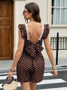 Serisse Women's Polka Dot Print Tie Front Backless Romper - Brown - View 3