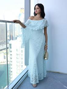 Feyla 女士纯色斜肩蕾丝优雅长裙 - 綠色 - 查看 7