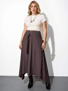 Maija Plus Size Elegant Solid Color Belt Metal Decor Asymmetrical Hem Skirt Skirt   Coords Skirt And Top Casual For Vintage Women Old Money Teacher For Women Romantic, Fashion, Versatile Summer Women Party Top Beach Holiday Vacation Going Out Graduation Elegant Women's Blouses Casual Blouses Formal Attire Work Office For Women Drape Skirt Asymmetrical Skirt For Women - Brown - View 3