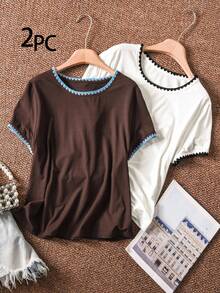 CosyJoli 两件套加大码女式休闲修身T恤，白色和卡其色短袖T恤套装，夏季 - 彩色 - 查看 3