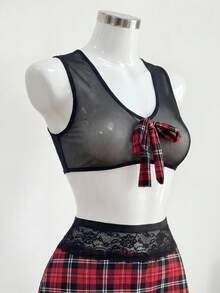 Spicy Aura 3件套女士蕾丝拼接格子布料蝴蝶结服装套装 - 彩色 - 查看 8