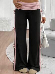 Teen Girls' Black & Pink Patchwork Knit Wide Waist Contrast Stitching Bow Decor Loose Wide Leg Pants,Summer,Cute Casual Yoga Flare Baggy Trousers - Black - View 2
