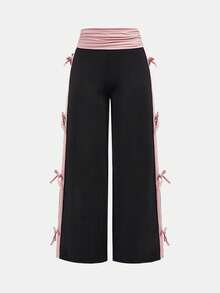 Teen Girls' Black & Pink Patchwork Knit Wide Waist Contrast Stitching Bow Decor Loose Wide Leg Pants,Summer,Cute Casual Yoga Flare Baggy Trousers - Black - View 6