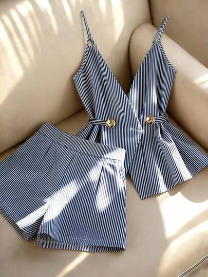 Franclia Elegant 2-delat set för kvinnor, Randigt 2-delat set för kvinnor, Casual 2-delat set för kvinnor, Damlinne, Ärmlös linne för kvinnor, Vida byxor för kvinnor, Casual outfit för kvinnor, Vardagskläder, Våroutfit, Sommaroutfit, Semesterset, Vårset, 2-delat set med linne, Casual outfit