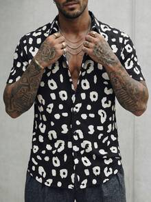GENTILAND Men's All-Over Print Button Front Casual Short Sleeve Shirt, Summer - Black - View 4