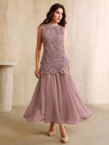 Anewsta Elegant Holiday Water-Soluble Hollow Floral Patchwork Mesh Dress With Flared Hem, Khaki, Spring/Summer - Purple - View 5