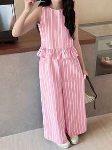 SHEIN Conjunto de blusa sem mangas listrada azul e branca com botões de madeira e calça reta para adolescentes. Ideal para férias de primavera/verão, festas, volta às aulas, piqueniques em família e uso diário. - Rosa - Ver 5