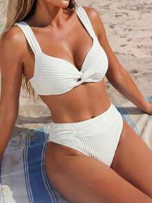 SHEIN Swim 夏季海灘扭結前高腰比基尼套裝 - 白色 - 查看 2