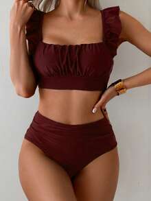 SHEIN Swim Basics Bộ đồ 2 món dành cho nữ, thích hợp đi biển mùa hè, kiểu dáng thanh lịch, màu trơn, gồm áo hai dây xếp ly phía trước và quần tam giác cạp cao xếp ly. - Màu Đỏ Sâu - Xem 3