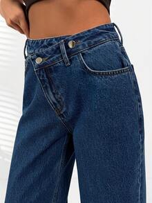Women Cross Waist Detail Dark Wash Wide Leg Casual Denim Jeans - Dark Wash - View 4