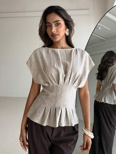 Aloruh Women's Elegant Commuter Round Neck Casual Striped Short Sleeve Blouse