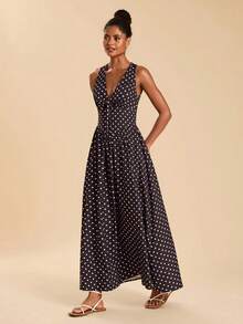 Travachic 女士波点深V领褶皱时尚约会派对连衣裙 - 棕色 - 查看 6