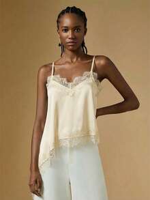 Briarwyn Áo cánh rộng màu trơn viền ren dây mảnh cho nữ, viền bất đối xứng - Màu be - Xem 5