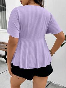 SHEIN Frenchy Plus Size Women Solid Color Ruched Short Sleeve Ruffle Hem Boho/Bohemian Short Sleeve Top T-Shirt - Purple - View 3