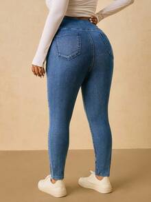 SHEIN Tall CURVE 大码女式不对称腰身休闲紧身牛仔裤 - 中等水洗藍 - 查看 2