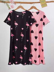 2 Packs Teen Pajamas,Pastel Pink Fairy Summer Family Matching Round Neck Short Sleeve Bowknot Casual Mid-Length Nightgown,Comfortable Stretchy Fabric - Multicolor - View 2