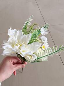 1件仿真牡丹花束，绣球花、大丽花，情人节礼物，生日派对装饰，婚礼花篮，新娘手捧鲜花，家居装饰，餐厅，卧室，窗台，花瓶装饰，新年装饰，户外花园，开学季 - 白色1 - 查看 8