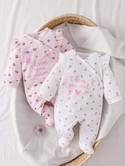 2pcs/Set Newborn Baby Ditsy Floral Snap-Up Romper & Pants, White & Pink Combo, Ruffled, Cute & Minimalist, Soft & Comfortable, Suitable For All Seasons