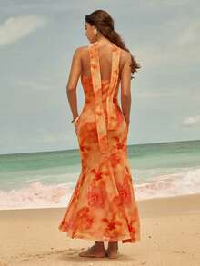 NOVVYNE Women's Elegant Boho Orange Floral Print Maxi Dress,Summer Casual Vacation Holiday Beach Outfits,Tropical Burnt Orange Floral Dress For Women - Multicolor - View 8