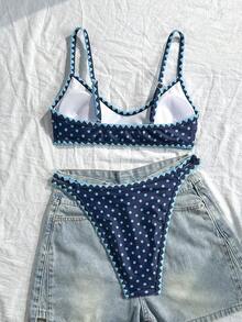 Swim Mod 棕色波点印花荷叶边可爱休闲沙滩度假女士泳装套装比基尼套装波点泳衣比基尼波点泳装女士波点比基尼套装女士收腹比基尼套装女士泳装波点比基尼上衣两件套女士比基尼 - 藍色 - 查看 3