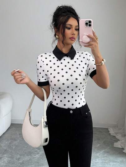 Selianne Áo thun ngắn tay nữ kiểu retro thanh lịch họa tiết chấm bi phối màu tương phản, phù hợp mặc hàng ngày và đi làm.