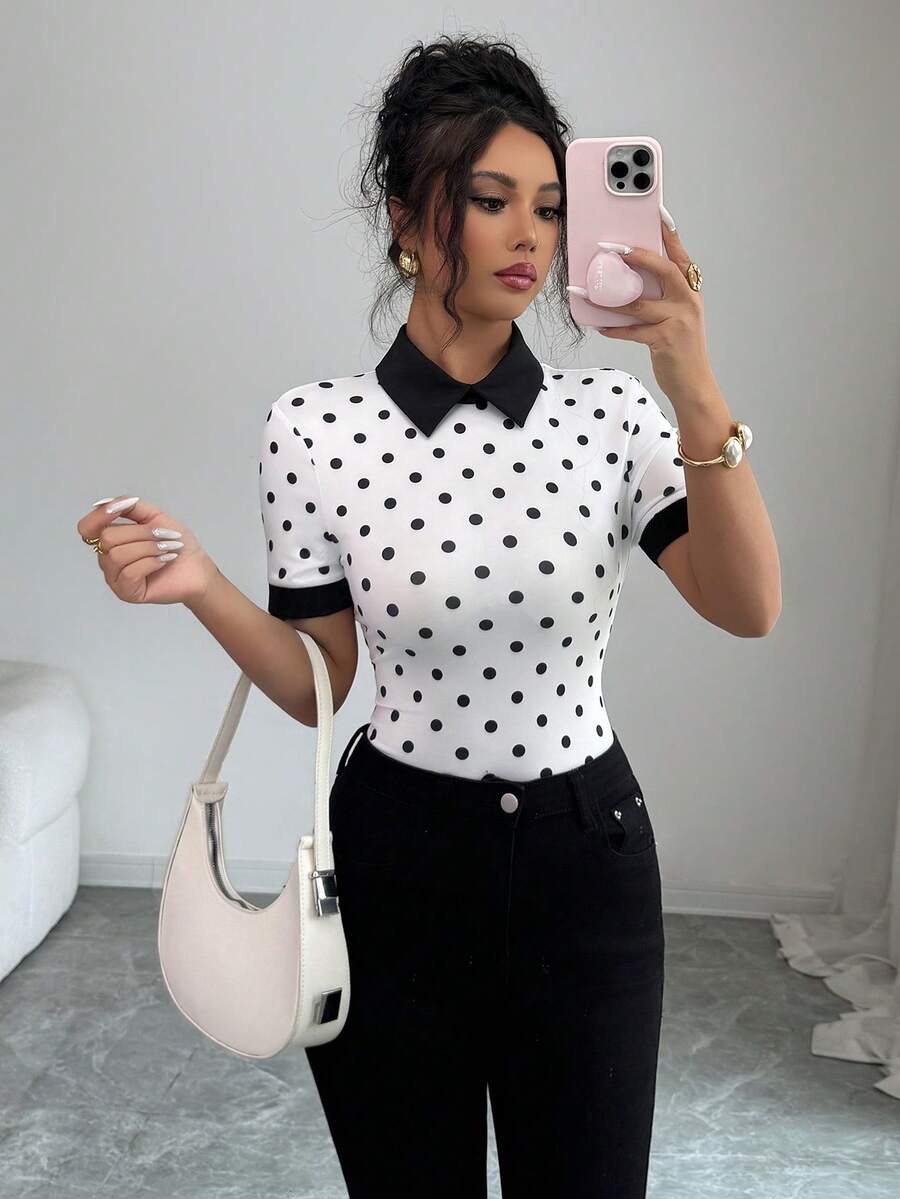 Women's Retro Elegant Polka Dot Print Contrast Color Short Sleeve T-Shirt, Suitable For Daily Wear And Commuting - White - View 1