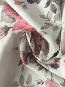 SHEIN Franclia Áo kiểu nữ cổ chữ V in hoa hồng, tay ngắn, xếp ly, thích hợp cho mùa hè. - Màu be - Xem 4