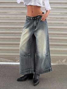 Jeanoix Y2K Women's Pleated Pocket Wide Leg Loose Casual Jeans - Medium Wash - View 7